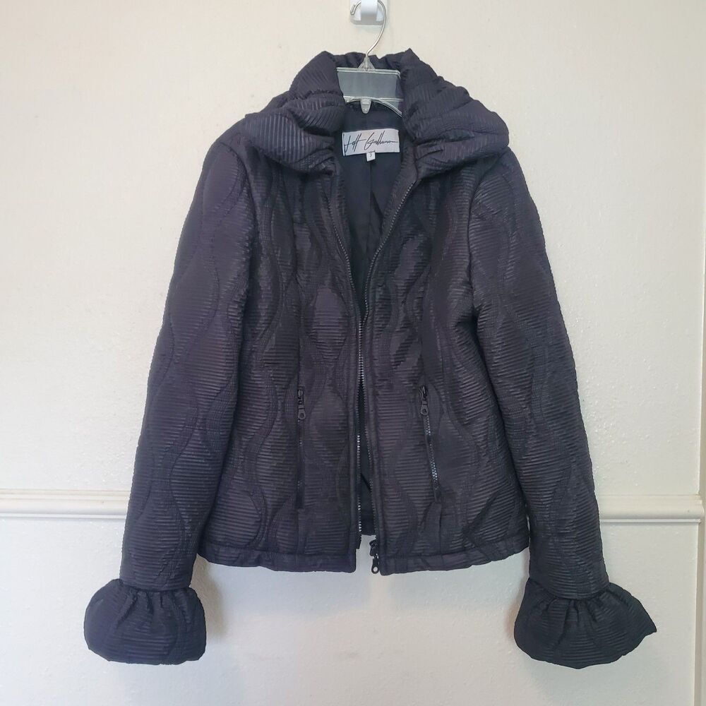 Jeff Gallano Quilted Jacket Blazer Full Zip Black Ruffles Pockets Size 3 Large